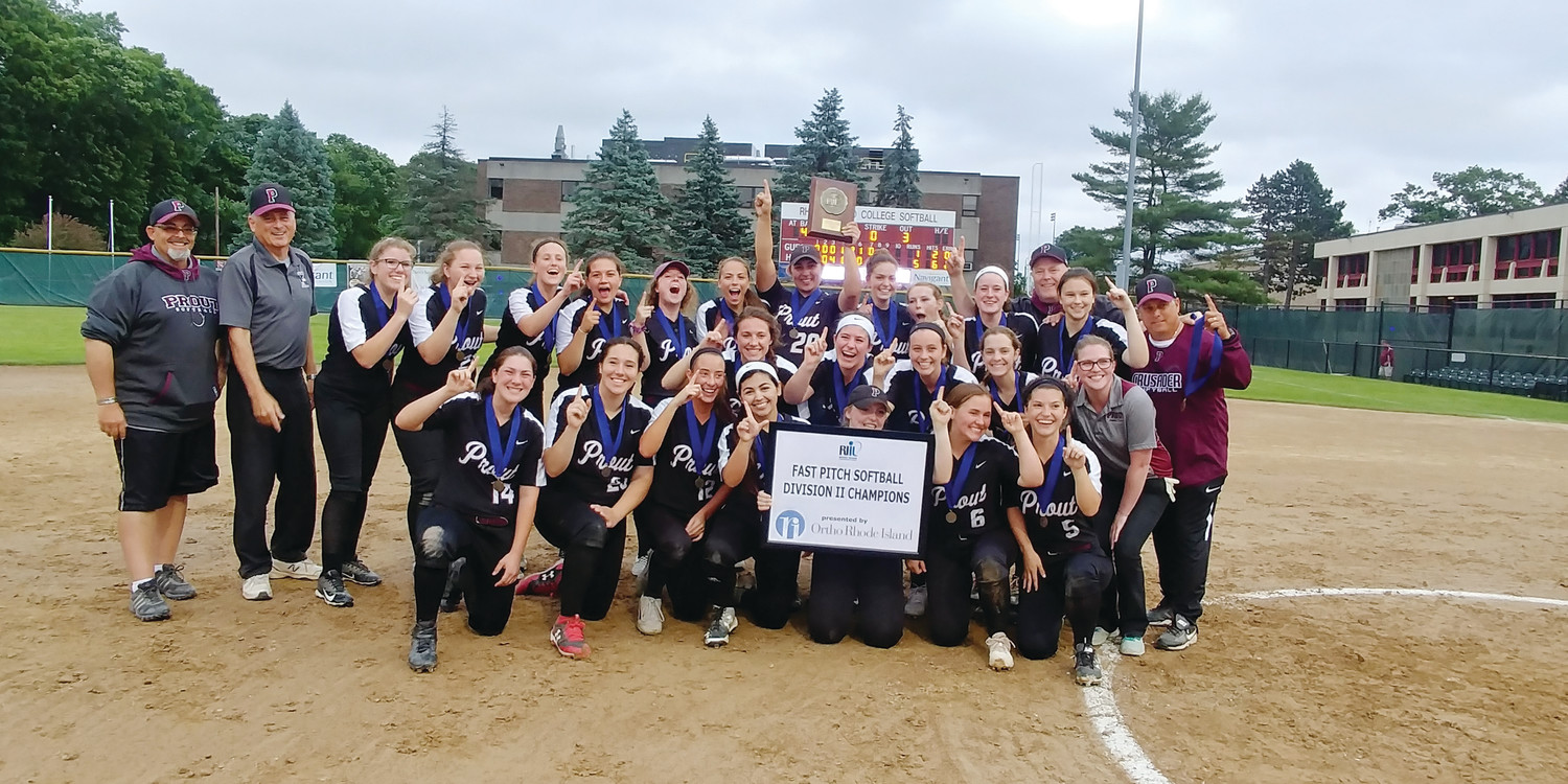 Coach Michael Traficante, second from left, with The Prout School’s 2018 championship softball team at Rhode Island College.